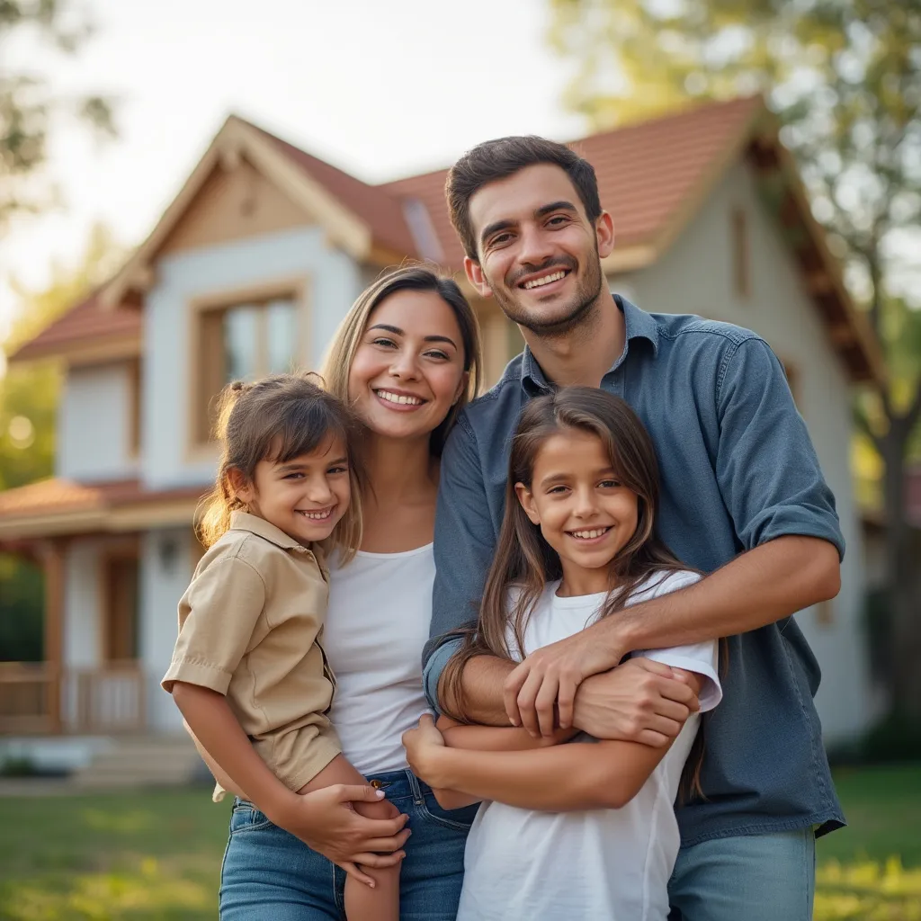 Una familia feliz frente a su nueva casa